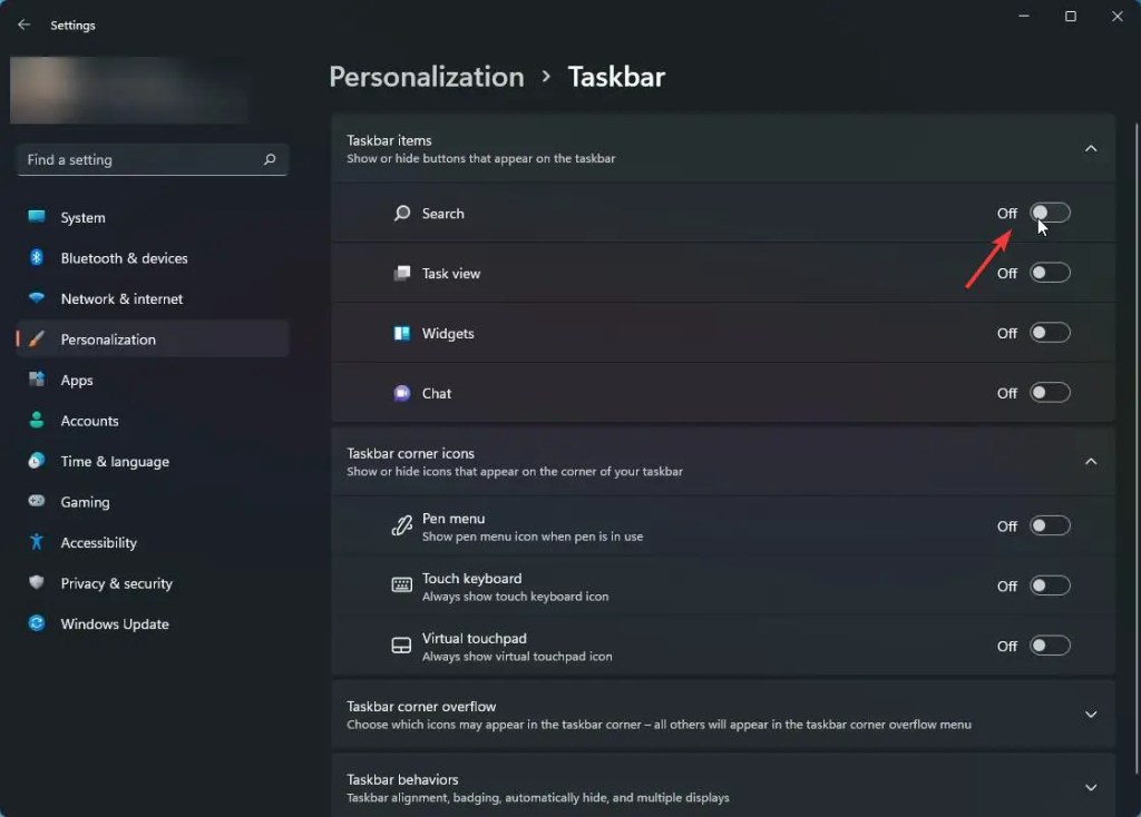 タスクバーの設定から検索アイコンを削除する